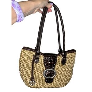 Brighton Straw Woven Tote Bag Brown Leather‎ Trim Crocodile Accent Heart Charm